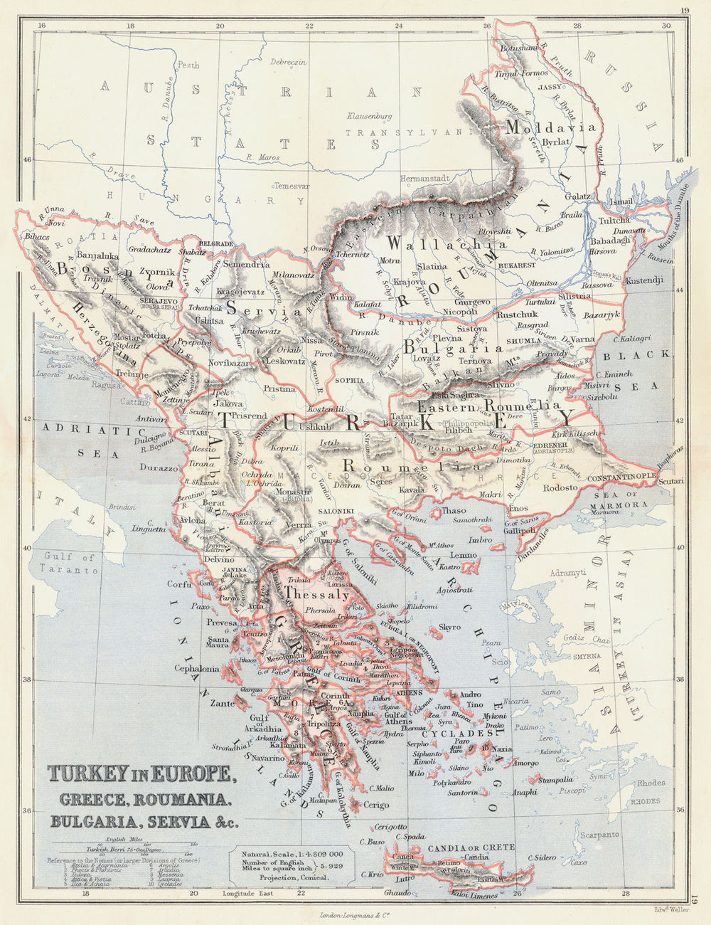 TURKEY IN EUROPE.Greece Romania Bulgaria Serbia Bosnia Roumelia.BUTLER 1888 map