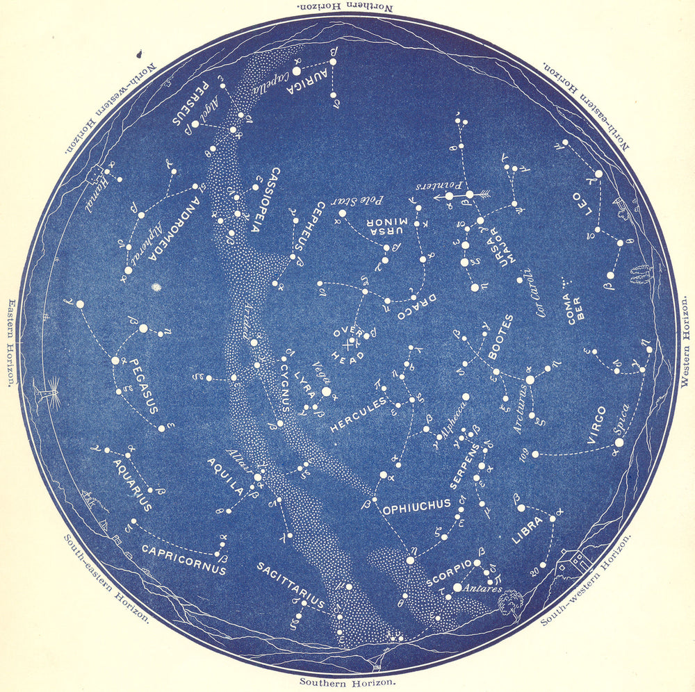 STAR MAP VIII. The Night Sky. July-August. Astronomy. PROCTOR 1884 old