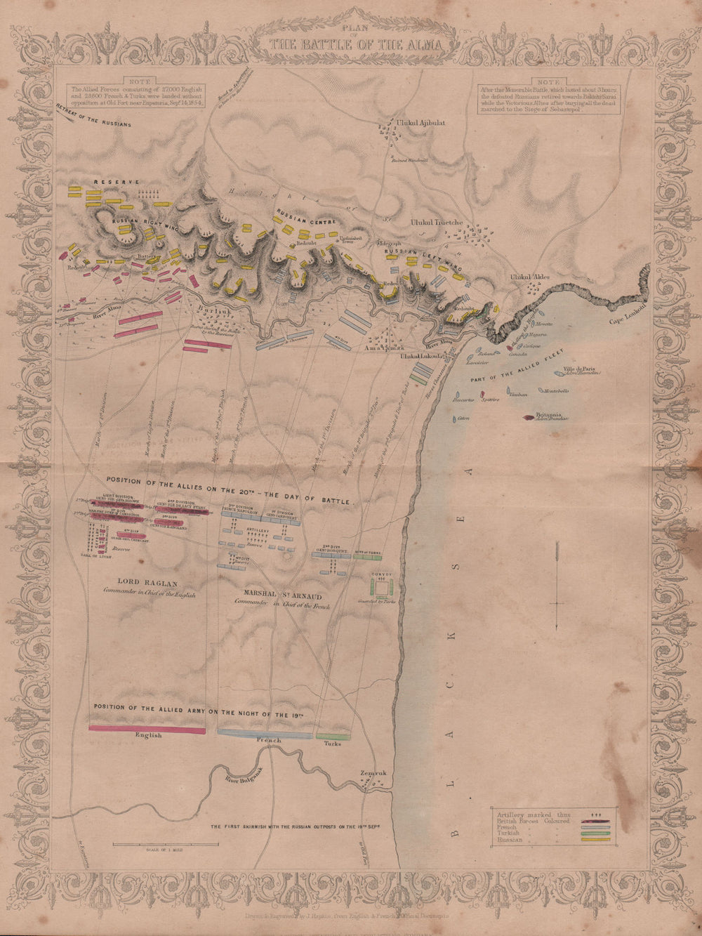 PLAN OF THE BATTLE OF THE ALMA. by TALLIS / RAPKIN. Crimean War 1860 old map
