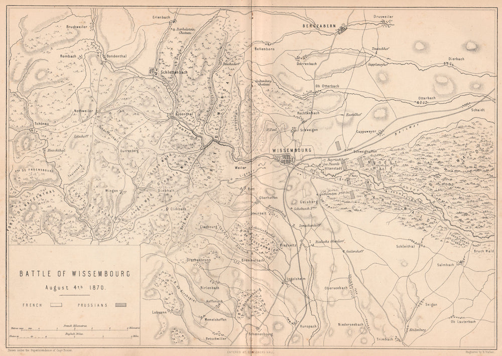 FRANCO-PRUSSIAN WAR.Battle of Wissembourg 1870.Bergzabern Schlettenbach 1875 map