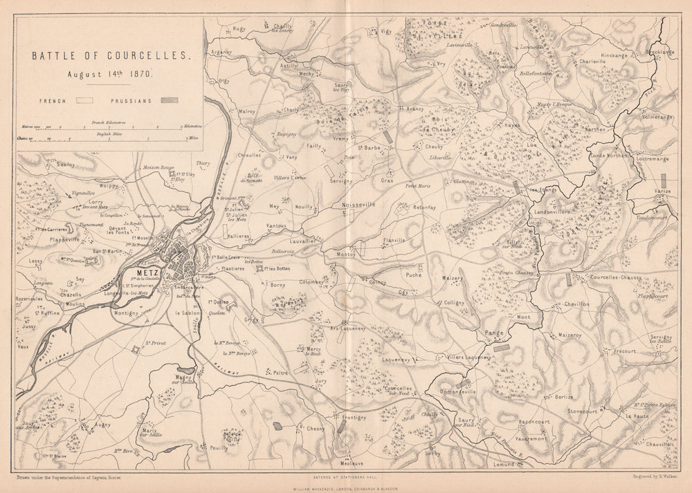 FRANCO-PRUSSIAN WAR. Battle of Courcelles (Borny–Colombey) 1870. Metz 1875 map