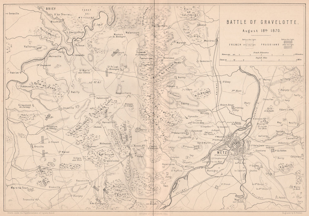 FRANCO-PRUSSIAN WAR. Battle of Gravelotte August 18 1870. Metz. Moselle 1875 map