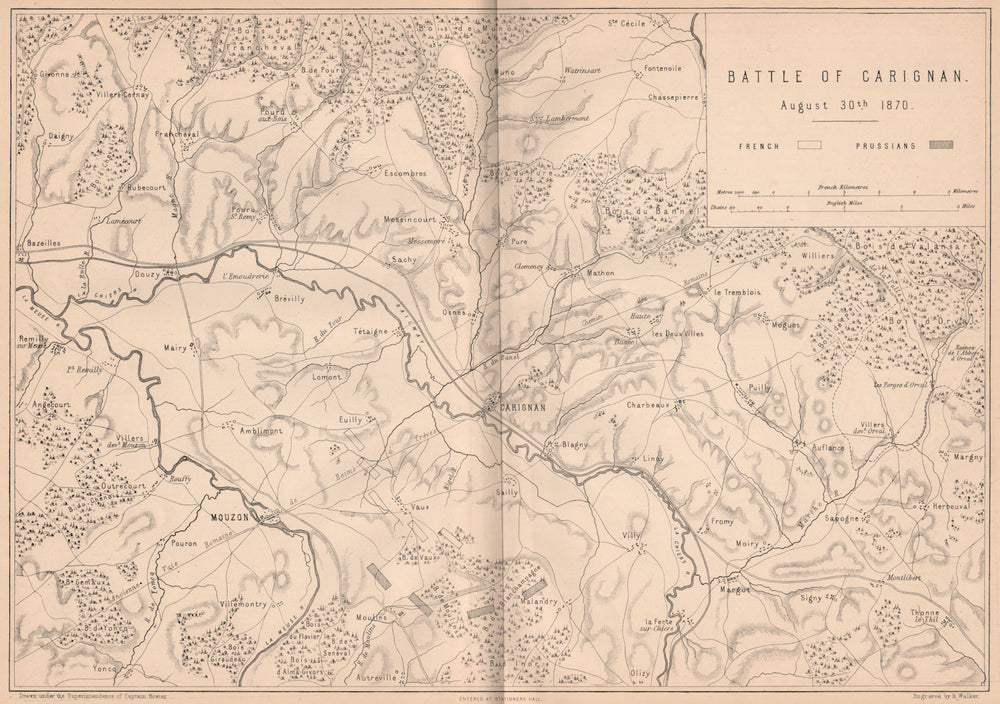 FRANCO-PRUSSIAN WAR. Battle of Carignan 1870. Mouzon Ardennes 1875 old map