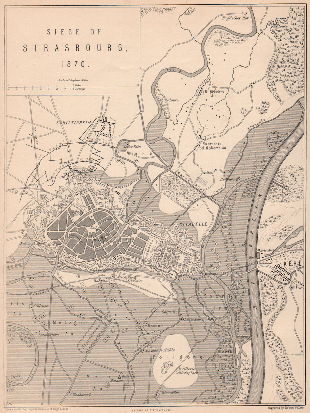 SIEGE OF STRASBOURG 1870. Franco-Prussian War. Kehl. Bas-Rhin 1875 old map