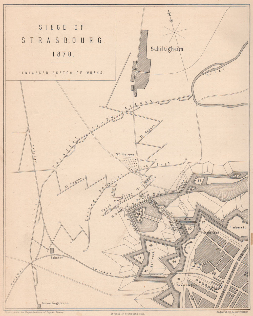 SIEGE OF STRASBOURG 1870 WAR. Sketch of works. Schiltigheim 1875 old map