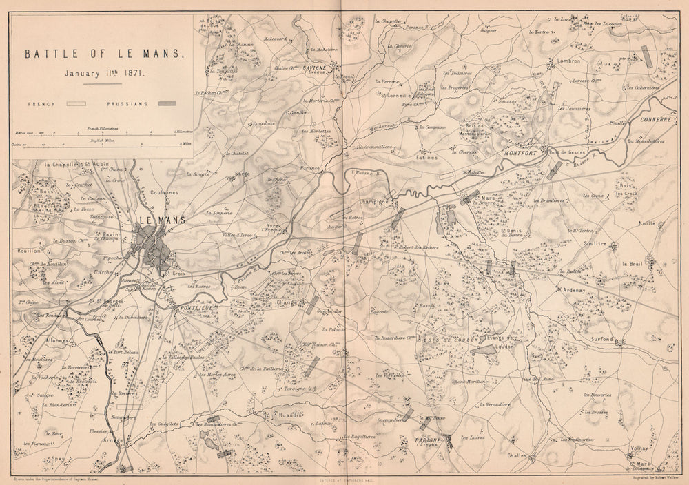 FRANCO-PRUSSIAN WAR. Battle of Le Mans, January 11th 1871. Sarthe 1875 old map