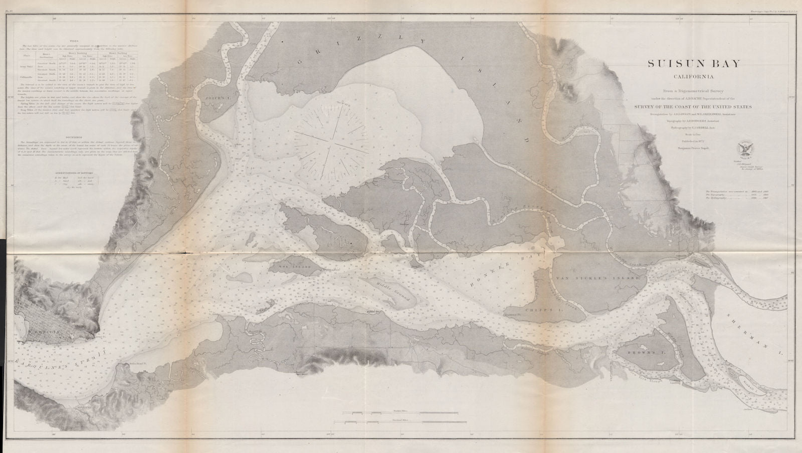 SUISUN BAY COASTAL CHART. Benicia. California. USCGS 1870 old antique