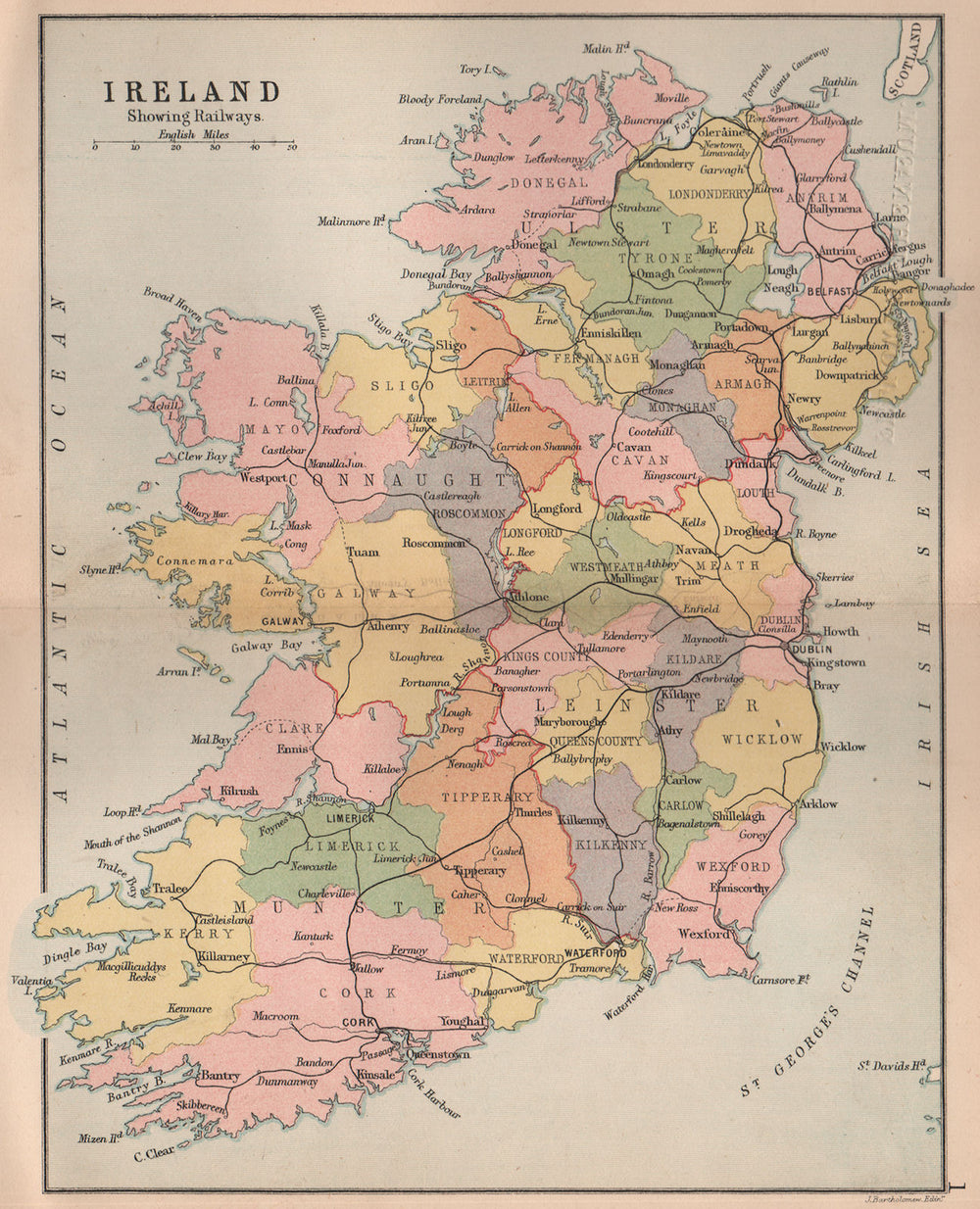IRELAND. showing railways counties & provinces. BARTHOLOMEW 1882 old map