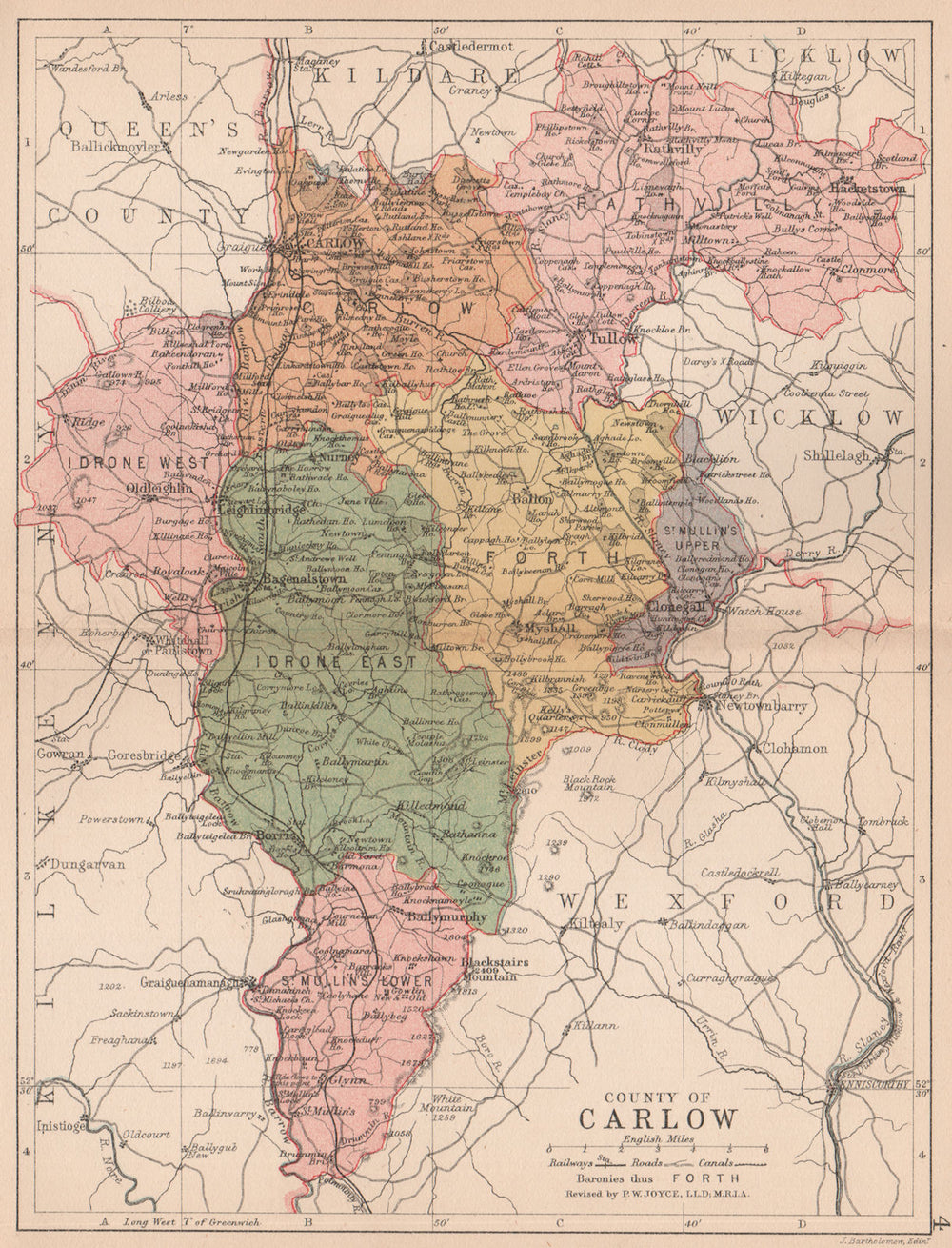 COUNTY CARLOW. Antique county map. Leinster. Ireland. BARTHOLOMEW 1882 old