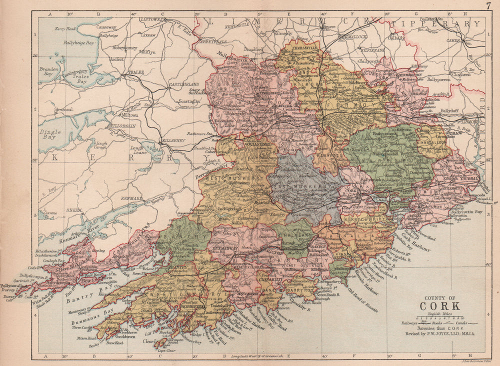 COUNTY CORK. Antique county map. Munster. Ireland. BARTHOLOMEW 1882 old