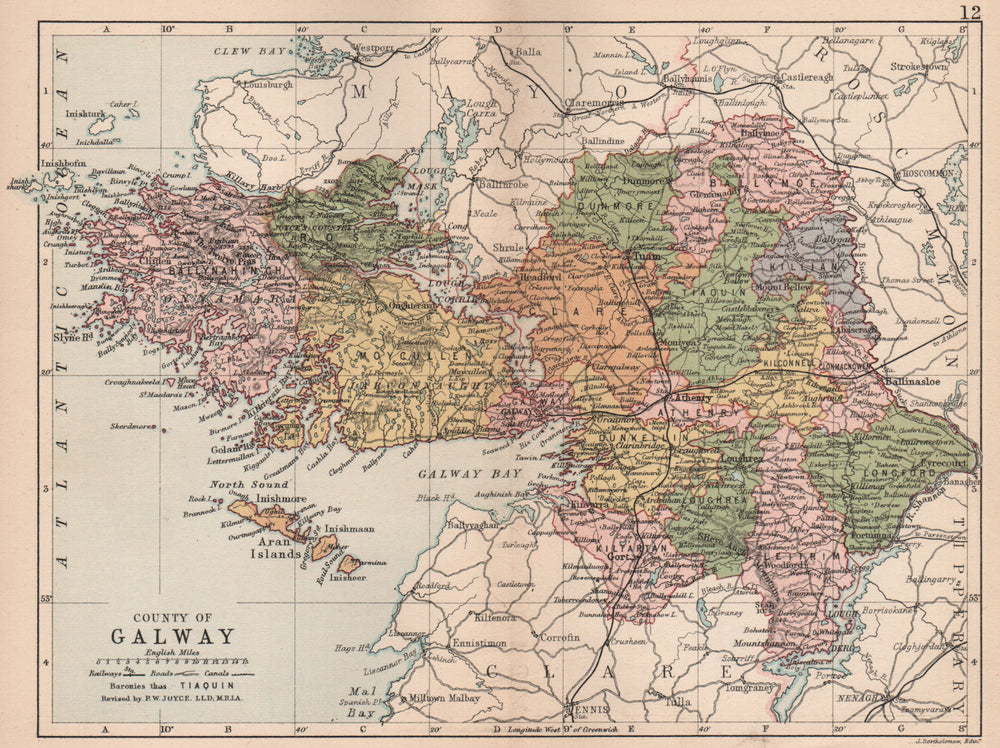 COUNTY GALWAY. Antique county map. Connaught. Ireland. BARTHOLOMEW 1882