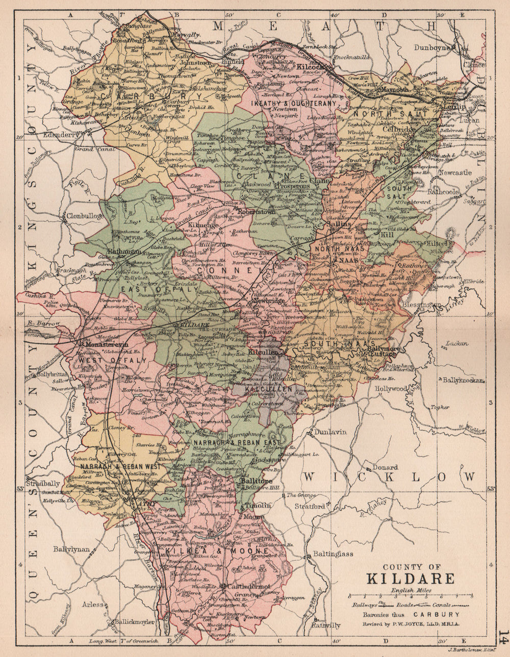 COUNTY KILDARE. Antique county map. Leinster. Ireland. BARTHOLOMEW 1882