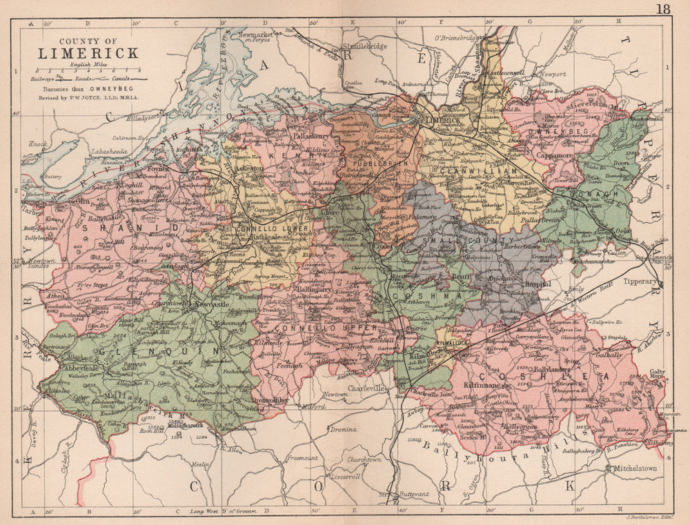 COUNTY LIMERICK. Antique county map. Munster. Ireland. BARTHOLOMEW 1882
