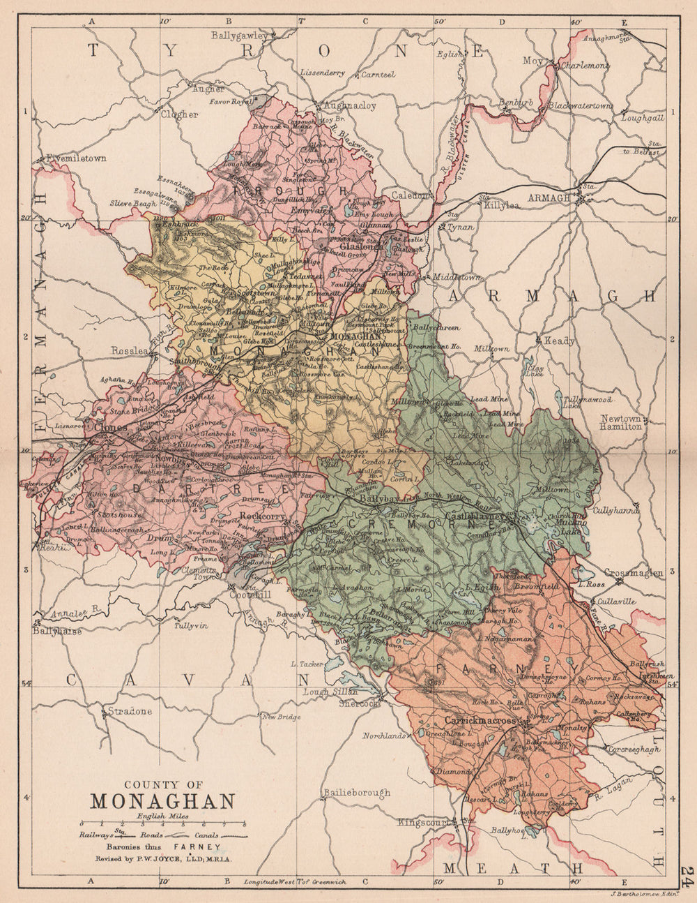 COUNTY MONAGHAN. Antique county map. Ulster. Ireland. BARTHOLOMEW 1882 old