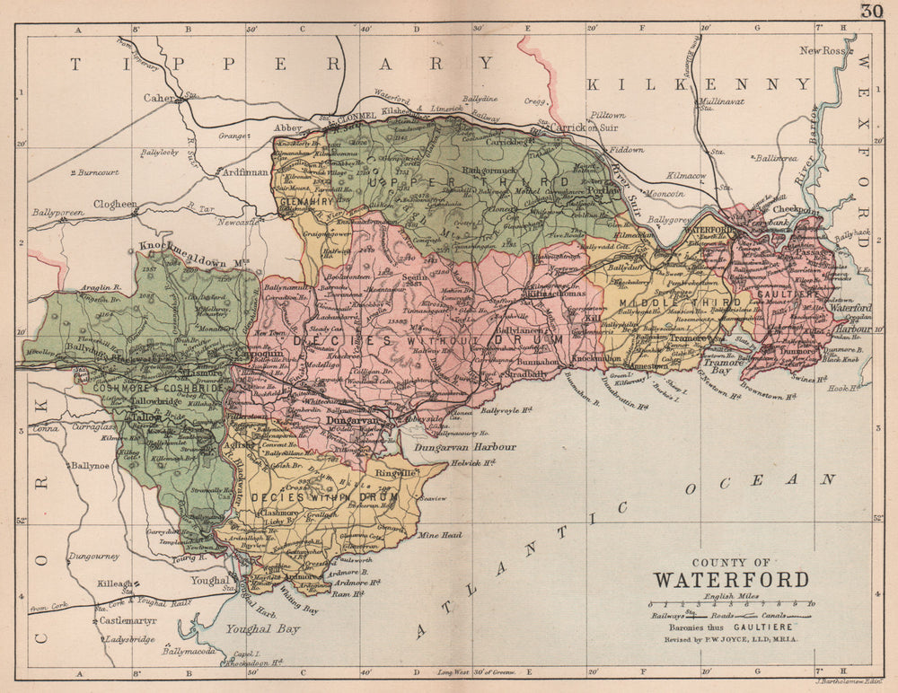 COUNTY WATERFORD. Antique county map. Munster. Ireland. BARTHOLOMEW 1882