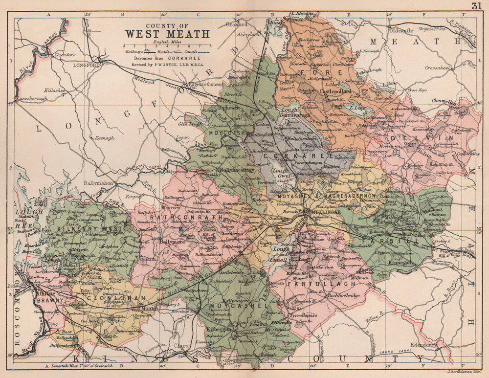 COUNTY WESTMEATH. Antique county map. Leinster. Ireland. BARTHOLOMEW 1882