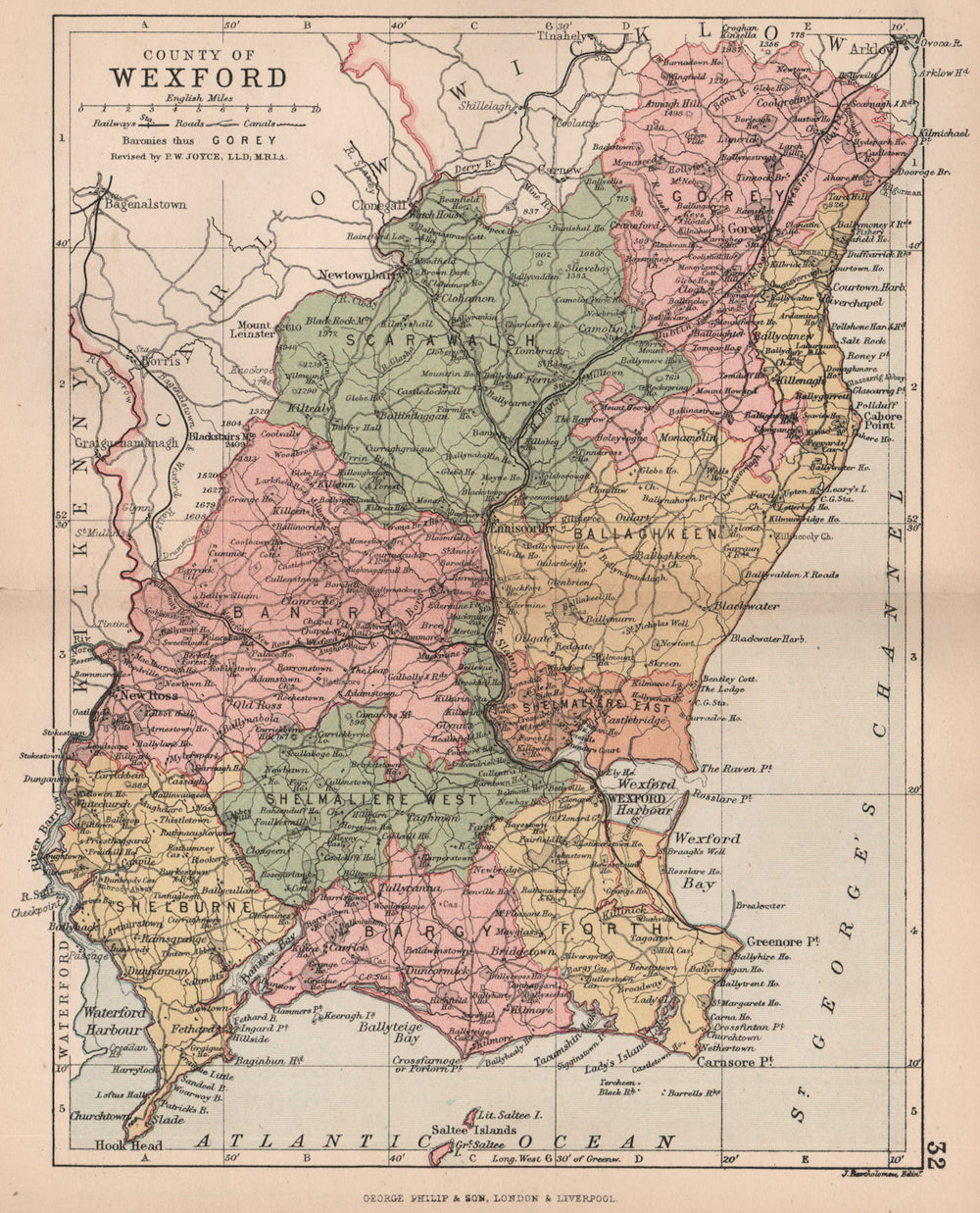 COUNTY WEXFORD. Antique county map. Leinster. Ireland. BARTHOLOMEW 1882