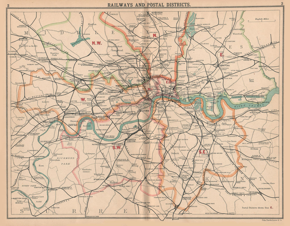 LONDON.Railways Postal Districts.Underground tube lines.Bus tram routes 1913 map