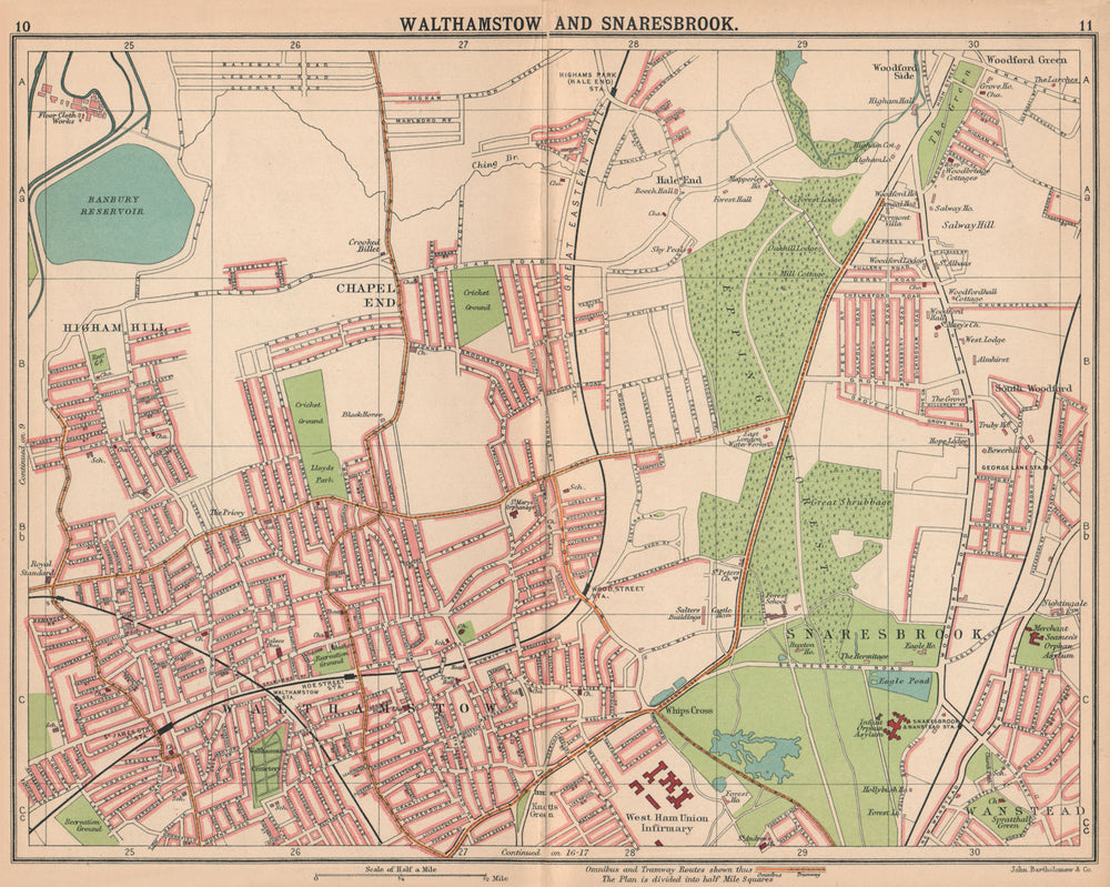 LONDON NE. Walthamstow Snaresbrook Chapel End. Bus & tram routes 1913 old map