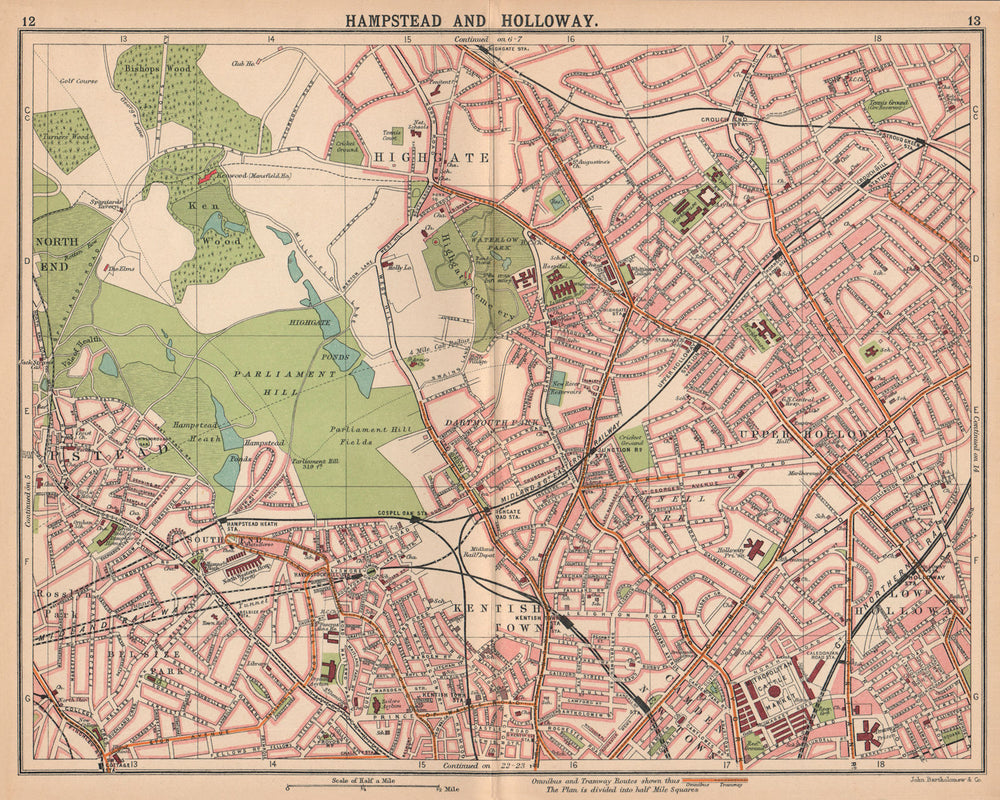 LONDON N. Hampstead Holloway Highgate Kentish Town Belsize Park 1913 old map