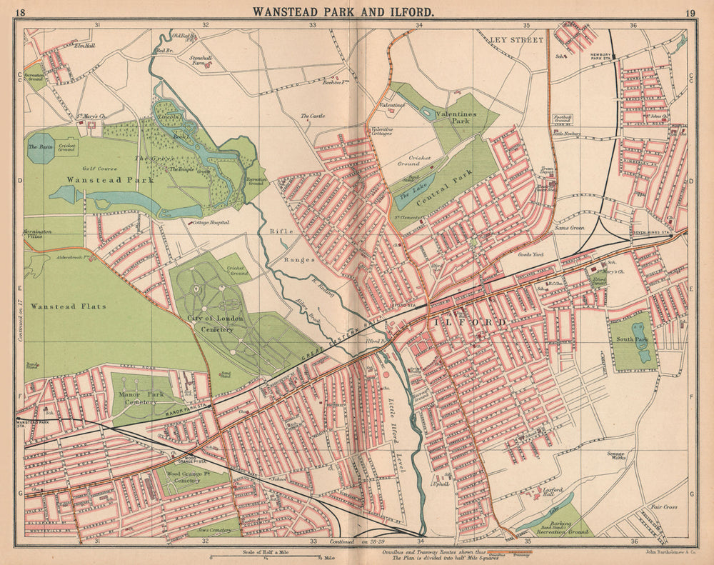 LONDON NE. Wanstead Flats Wanstead Park Ilford. Bus & tram routes 1913 old map