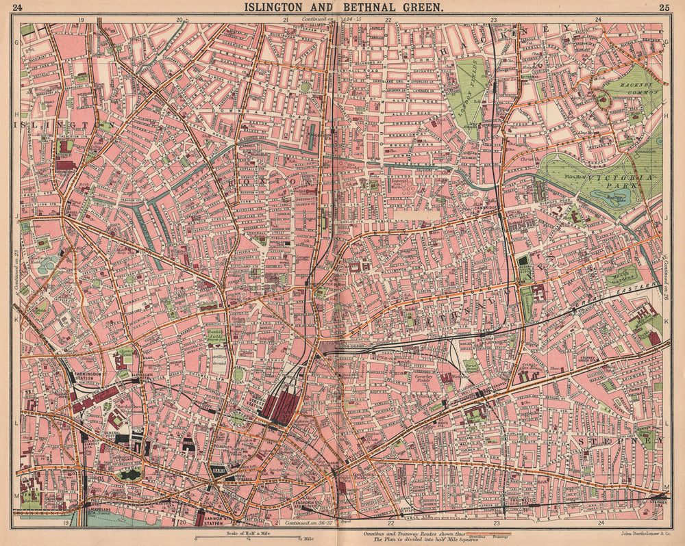 LONDON. Islington Bethnal Green Hoxton City Stepney. Bus & tram routes 1913 map