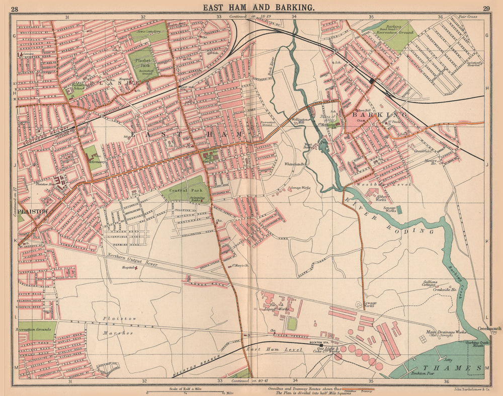 LONDON E. East Ham Barking Plaistow Beckton. Bus & tram routes 1913 old map