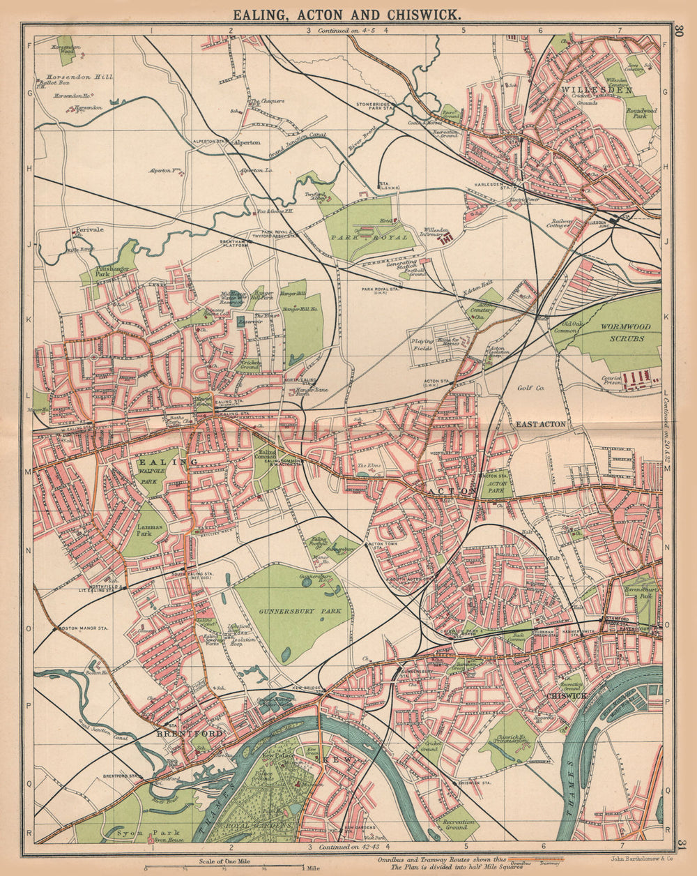 LONDON W.Ealing Acton Chiswick Kew Brentford Willesden.Bus/tram routes 1913 map