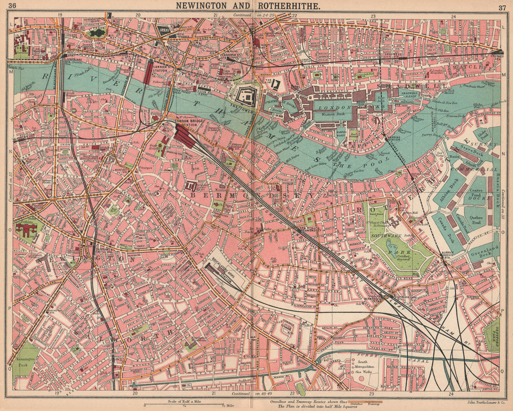 LONDON. Newington Rotherhithe Bermondsey Shadwell. Bus/Tram routes 1913 map