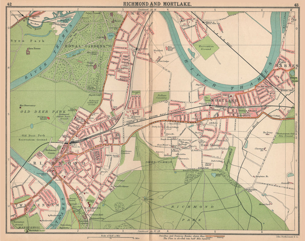 LONDON SW.Richmond Mortlake Kew Twickenham Barnes Sheen.Bus/tram routes 1913 map