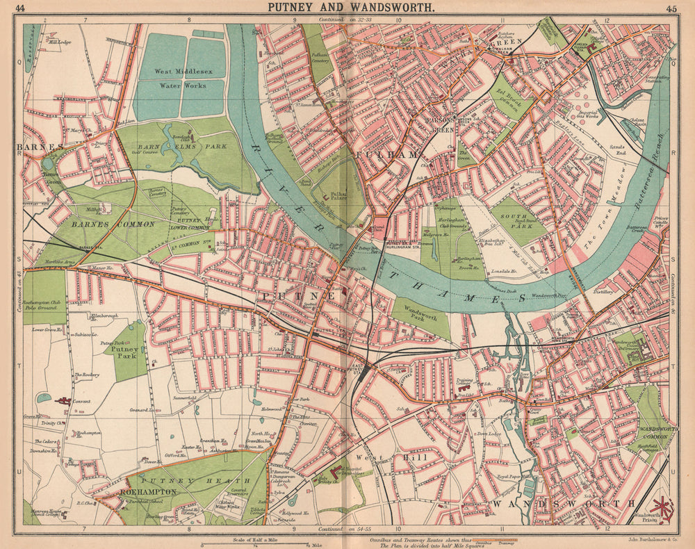 LONDON SW. Putney Wandsworth Fulham Barnes Parson's Green. Tram routes 1913 map