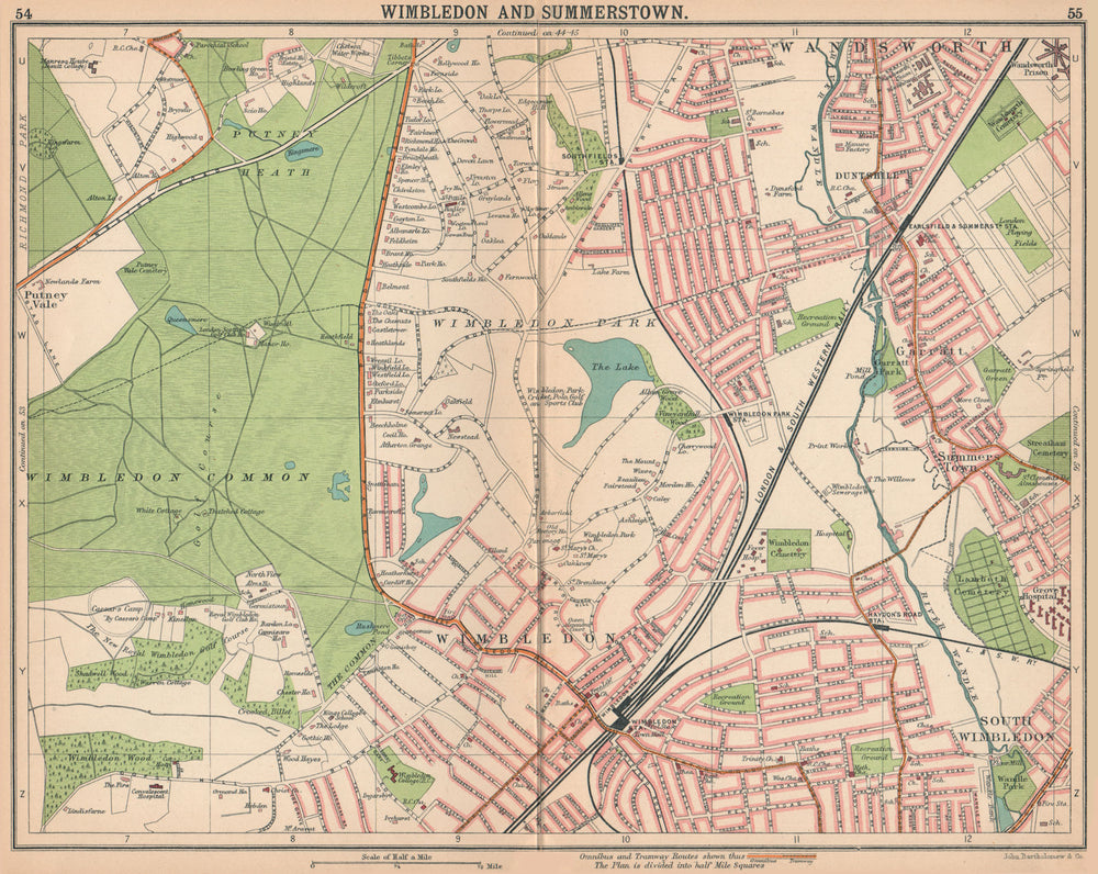 LONDON SW.Wimbledon Summerstown Southfields Wandsworth.Bus/tram routes 1913 map