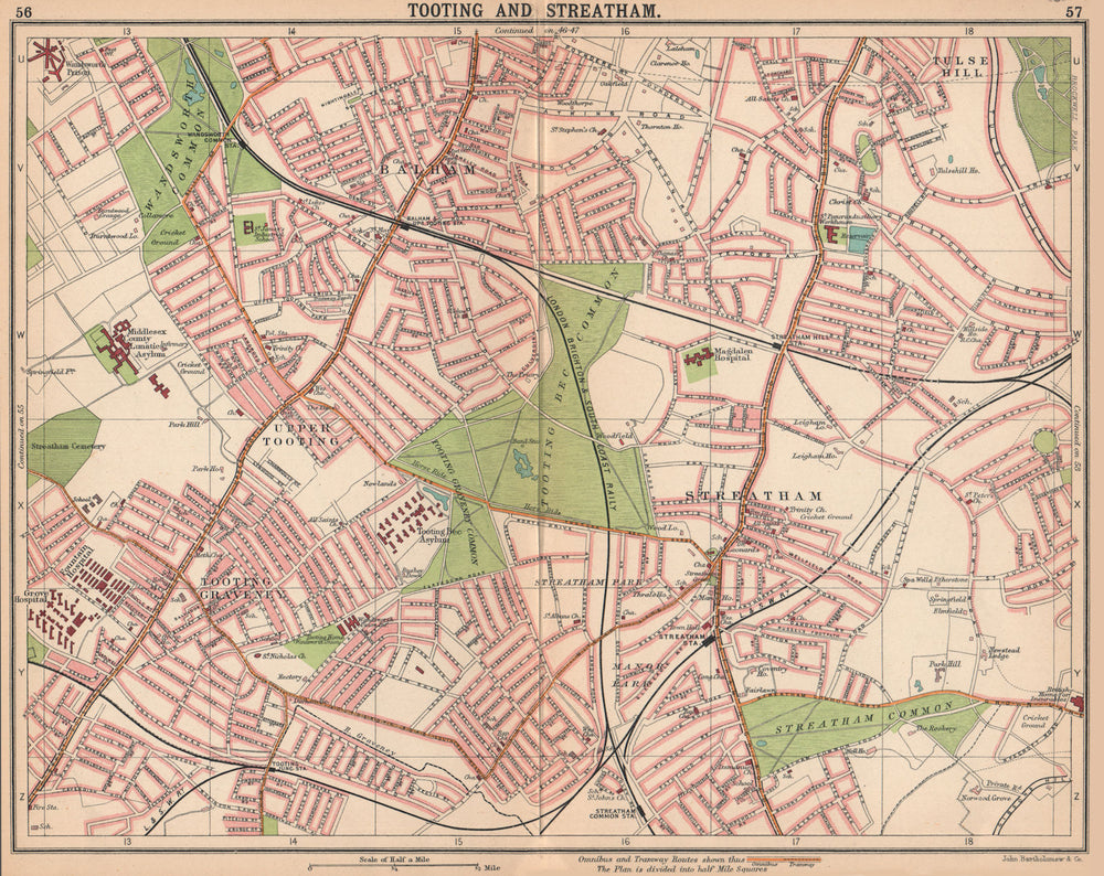 LONDON S. Tooting Streatham Balham Tulse Hill. Bus & tram routes 1913 old map