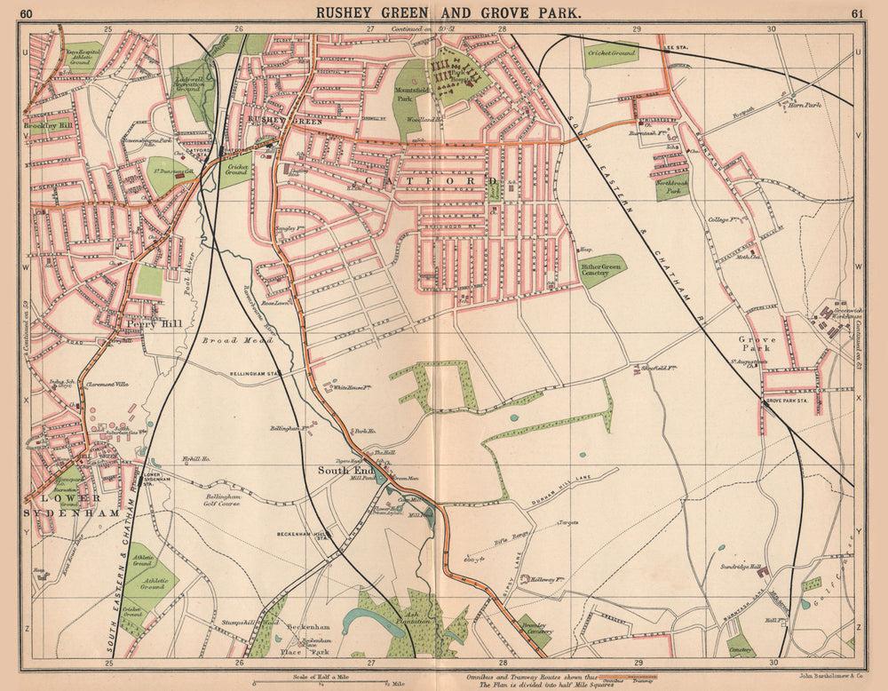 LONDON SE. Rushey Green Grove Park Catford Sydenham. Bus & tram routes 1913 map