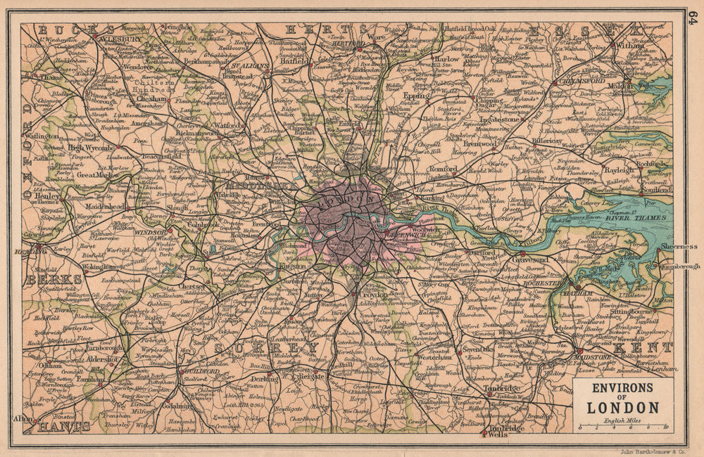 LONDON & HOME COUNTIES. Railways & roads. BARTHOLOMEW 1913 old antique map