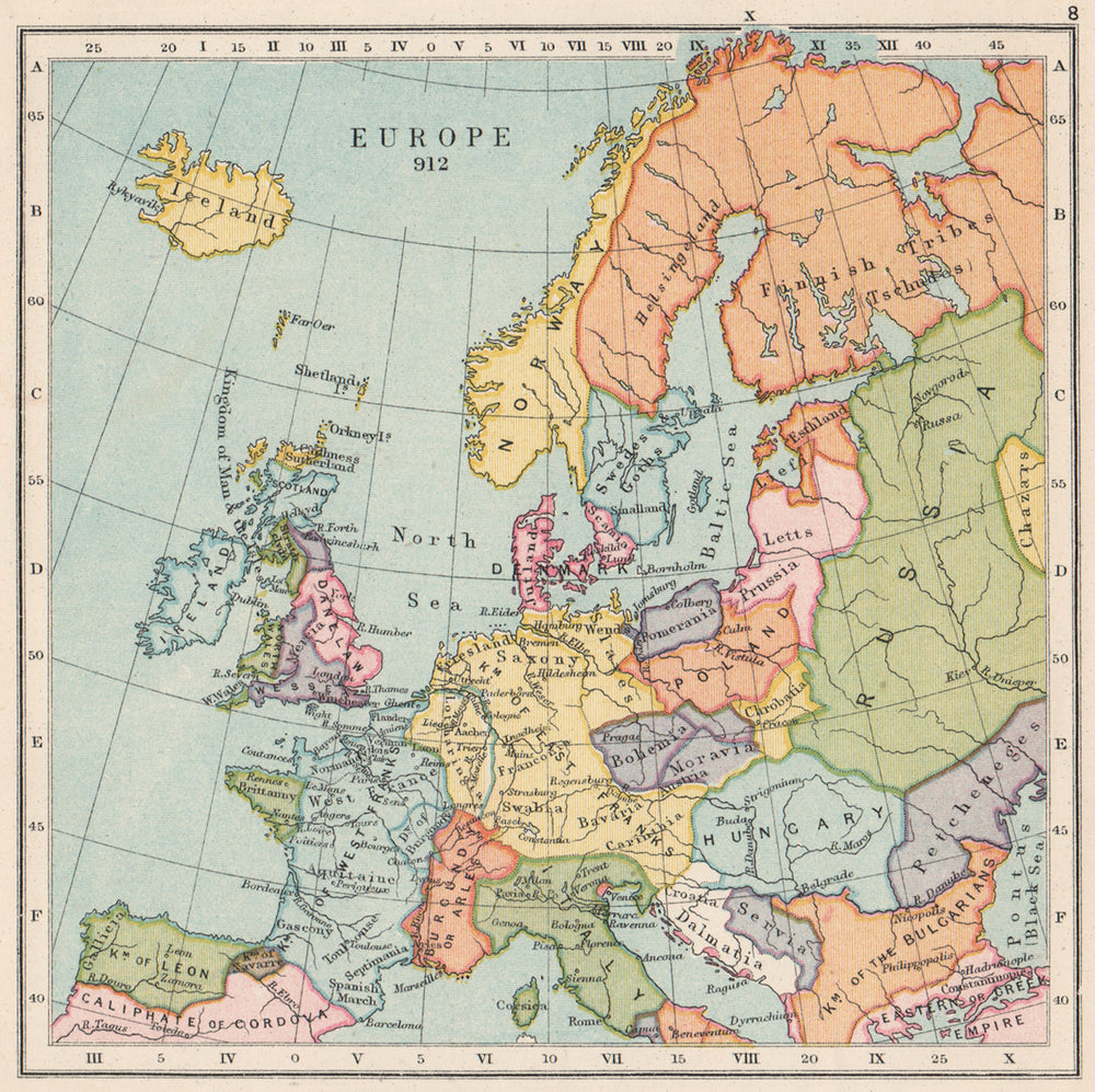 EUROPE IN 912. Danelaw West Franks East Franks Wessex 1907 old antique map