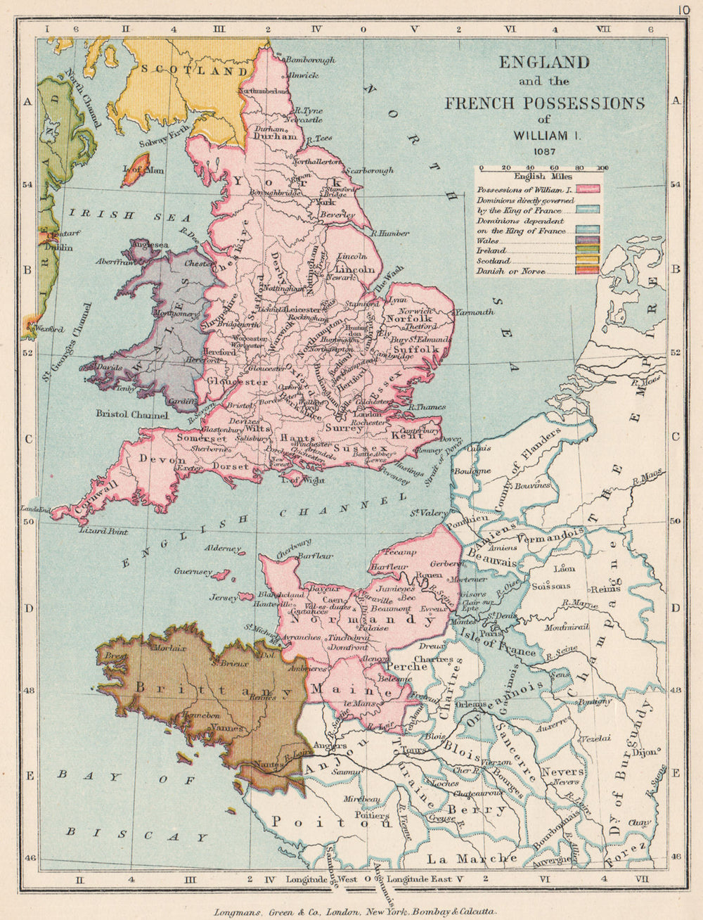 NORMANS. William the Conqueror's lands in France & England 1087 1907 old map