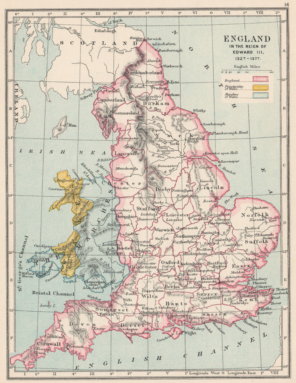 ENGLAND & WALES 1327-1377. Reign of Edward III. Principality Marches 1907 map