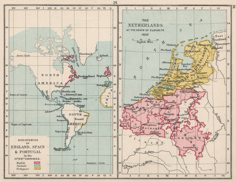 EUROPEAN EXPLORATION 15-16C.England Spain Portugal.Netherlands in 1603 1907 map