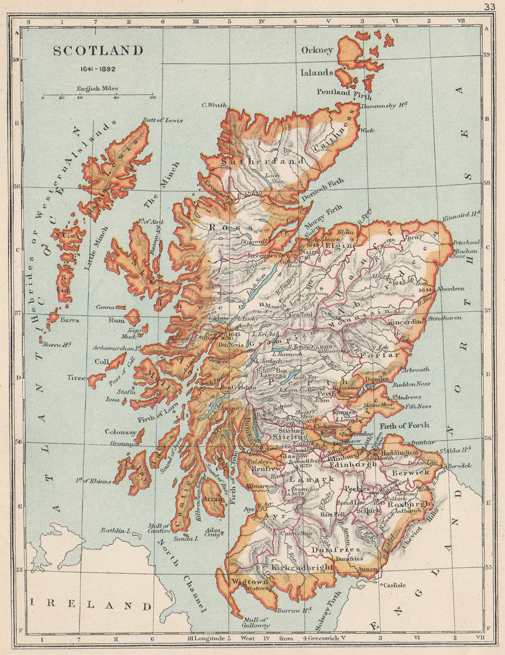 SCOTLAND 1641-1892. Showing towns counties. Battles with dates 1907 old map