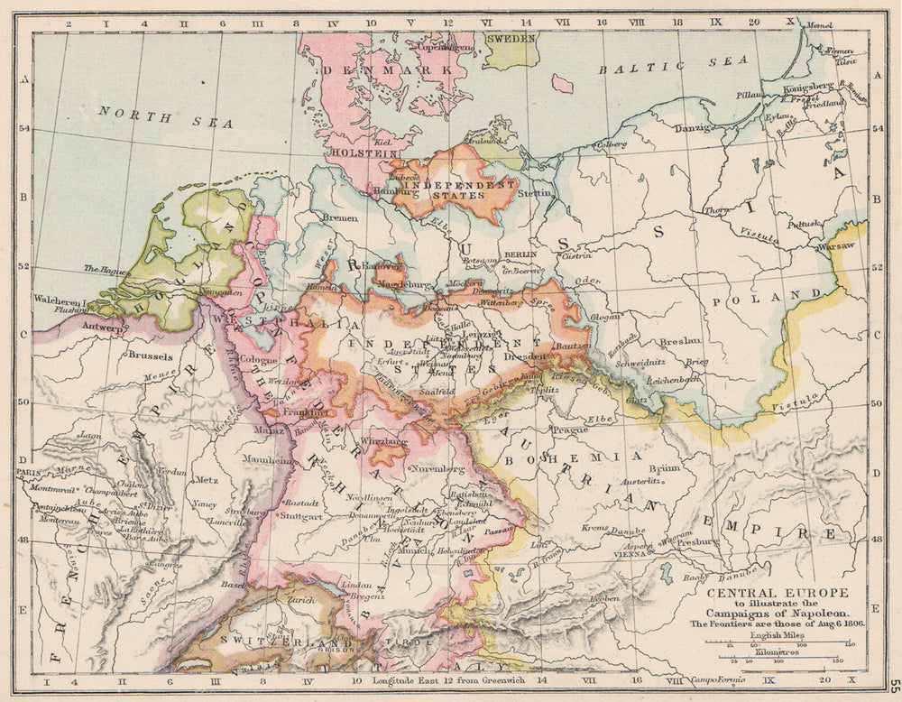 CENTRAL EUROPE.illustrating Napoleon's campaigns.1806 frontiers.Battles 1907 map