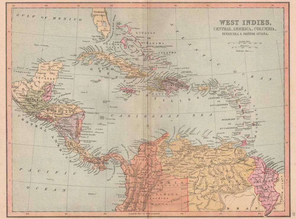 CARIBBEAN. Shows "Mosquito Reserve" & Danish Virgin Islands. COLLINS 1880 map