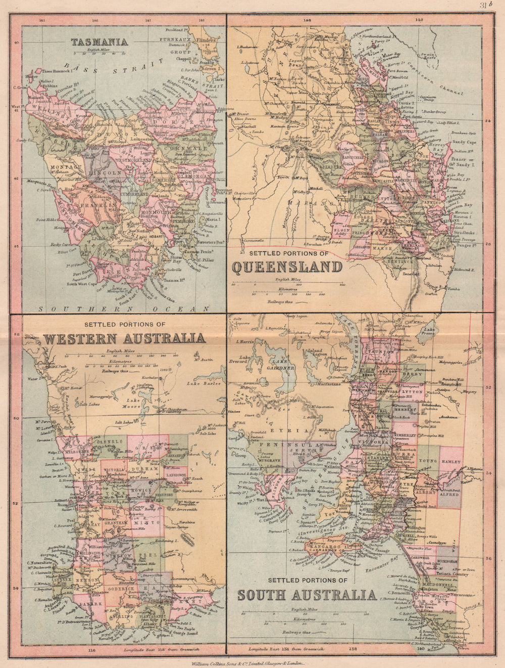 AUSTRALIA.Tasmania.Settled Queensland Western/South Australia.COLLINS 1880 map