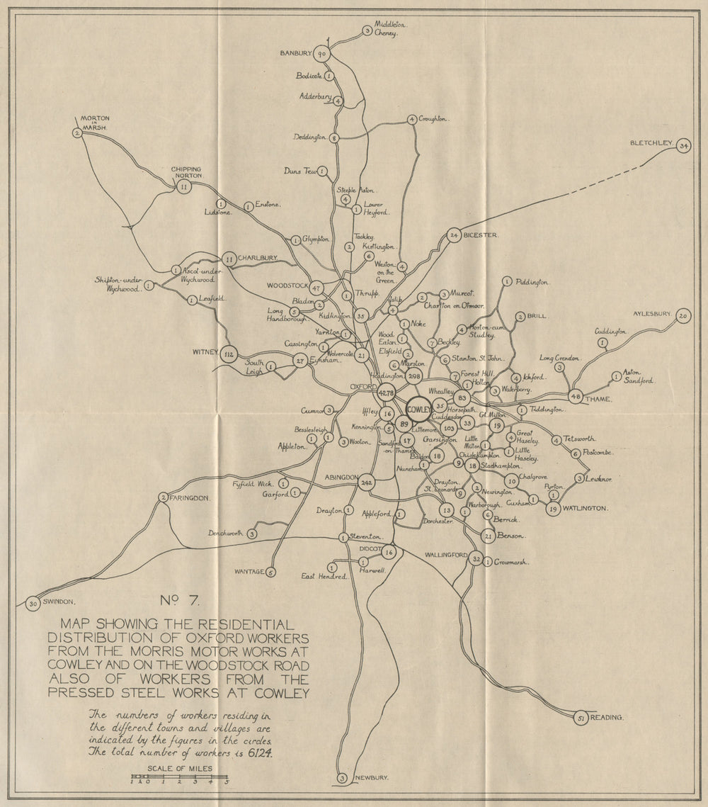 COWLEY MORRIS MOTOR WORKS. Workers' residential distribution of workers 1931 map