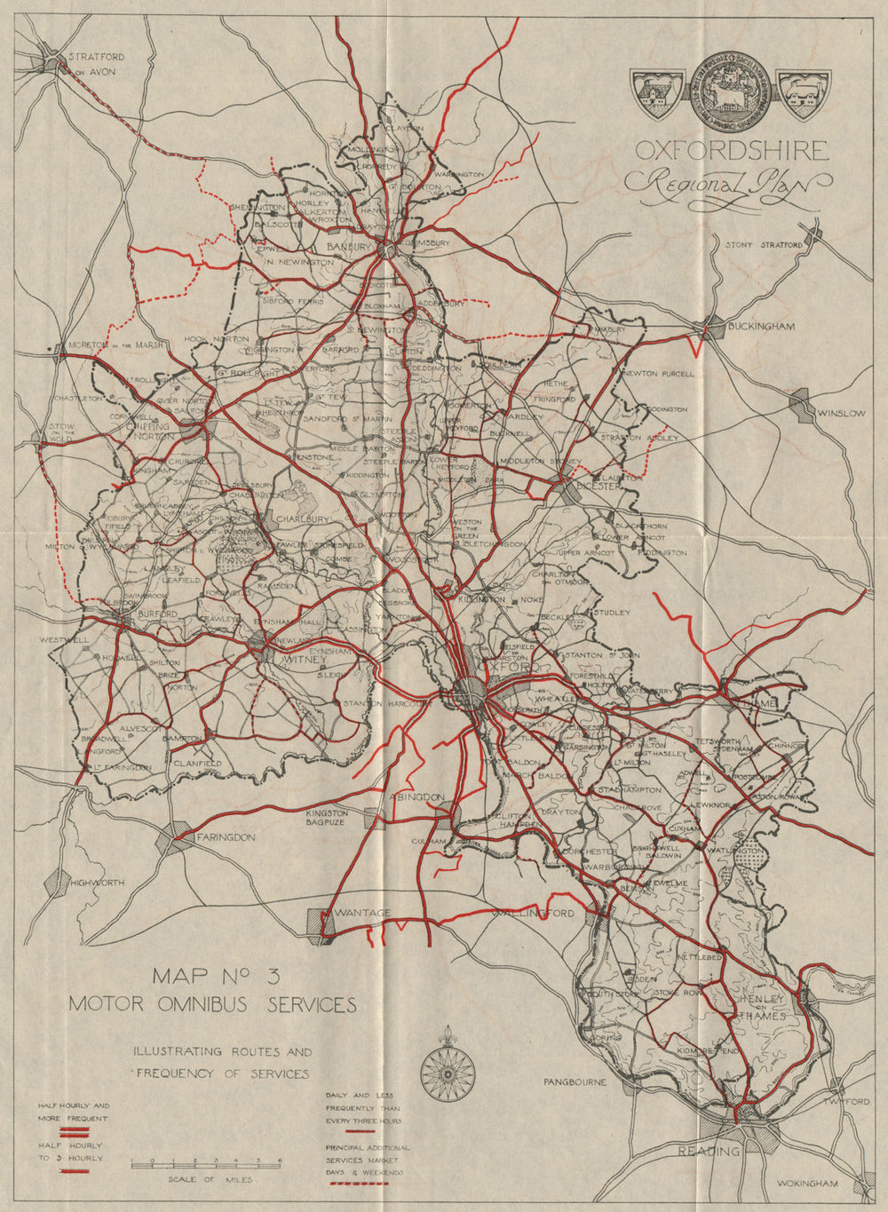 OXFORDSHIRE. Bus routes/frequency."Motor Omnibus Services". ABERCROMBIE 1931 map