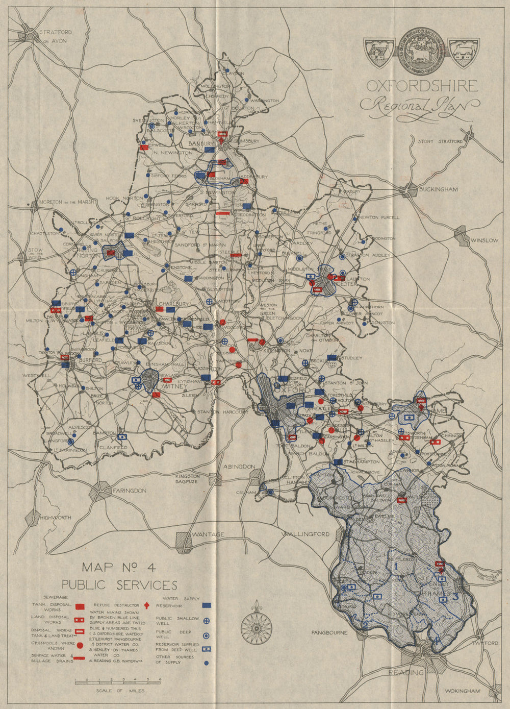OXFORDSHIRE PUBLIC SERVICES. Sewage waste & water supply. ABERCROMBIE 1931 map