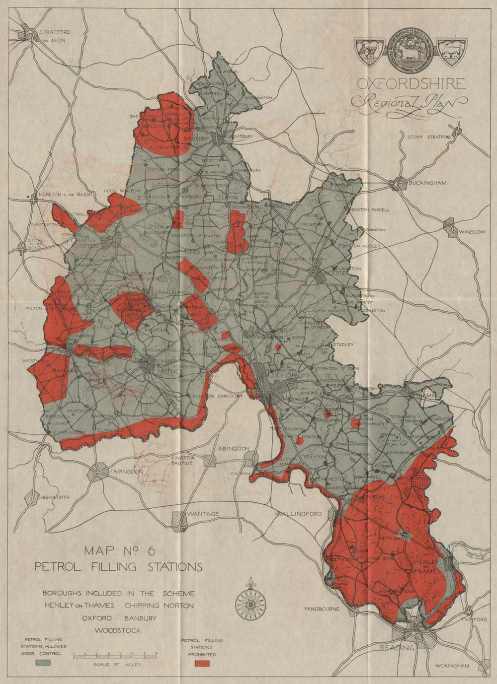 OXFORDSHIRE PETROL FILLING STATIONS. Red=filling stations prohibited 1931 map
