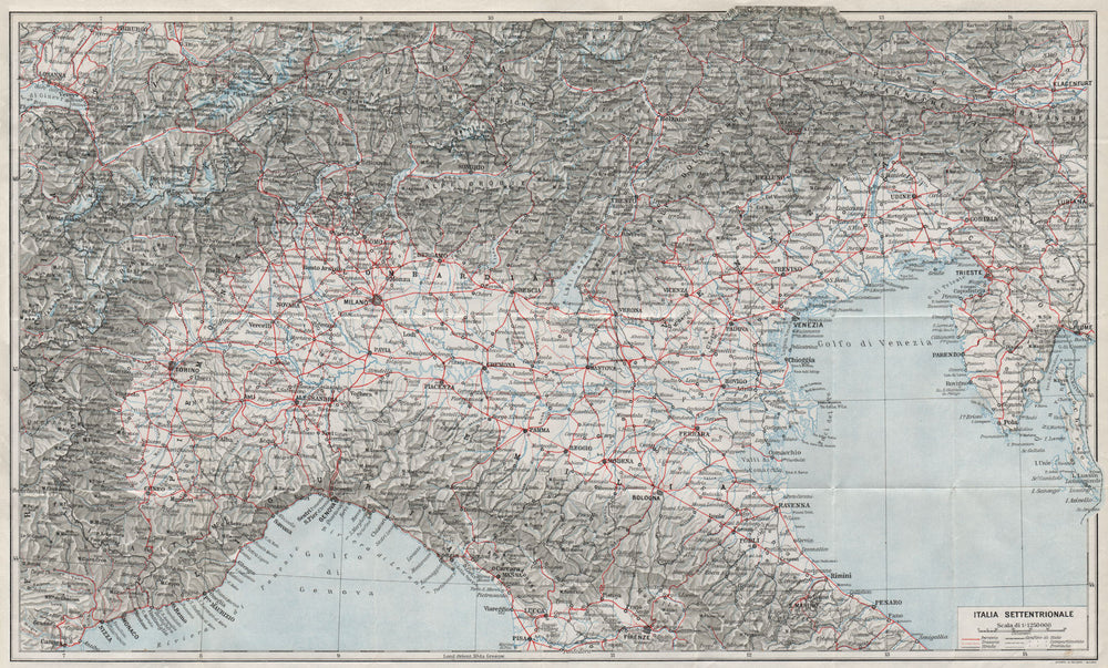 ITALIA SETTENTRIONALE. Vintage map plan. Northern Italy. Railways 1924 old