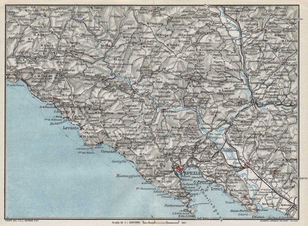 ITALIAN RIVIERA LIGURE LEVANTE. La Spezia Levanto Sarzana 1924 old antique map