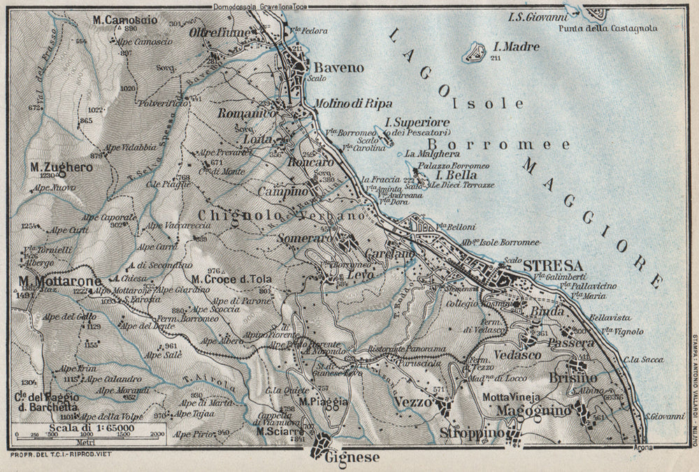 LAKE LAGO MAGGIORE. Stresa Baveno Gignese. Vintage map plan. Italy 1924